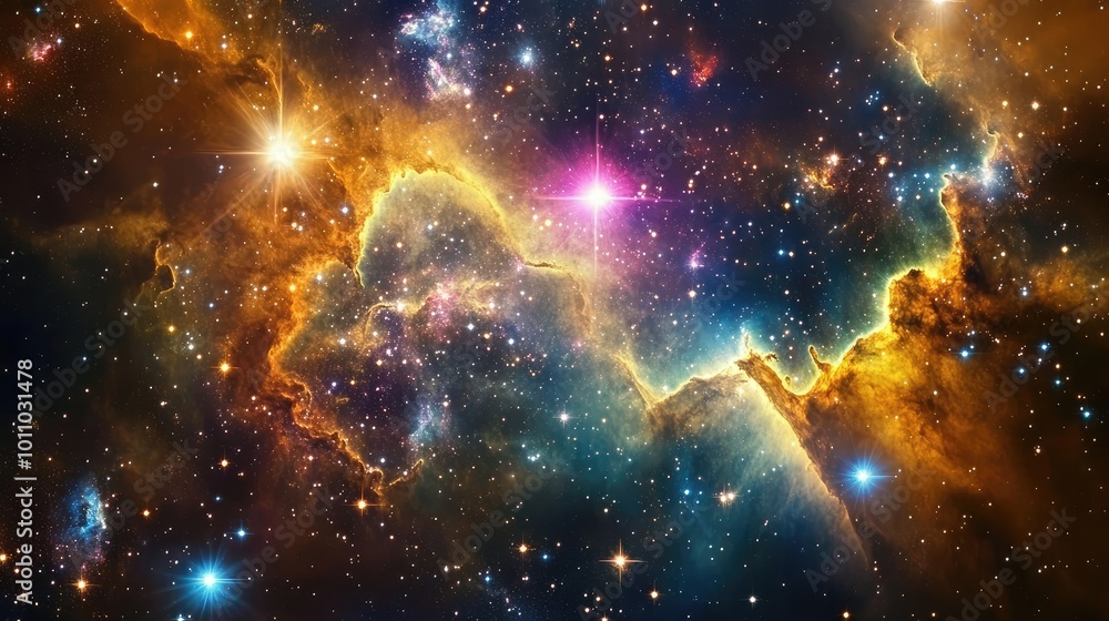 Poster a cosmic landscape where stars collide and explode in a burst of color and light, creating a breatht