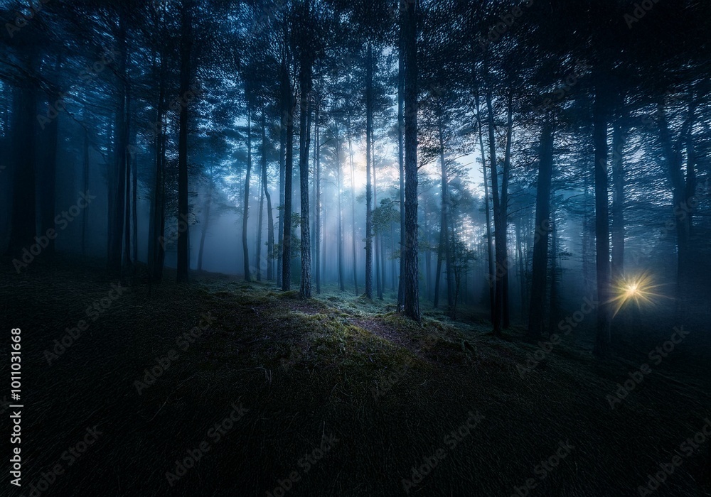 Poster A misty forest with sunlight breaking through the tall trees creating beams of light on the forest floor.