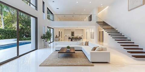 Fototapeta premium luxurious modern house with a spacious living room and glass door entrance, elegant interior design with white walls, stylish stairway leading to a bright open space, residential architecture focus