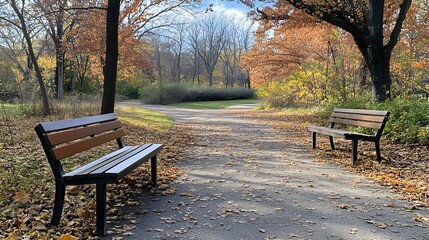 A photograph of two wooden benches placed on an autumn park path, surrounded by fallen leaves in shades of orange and brown