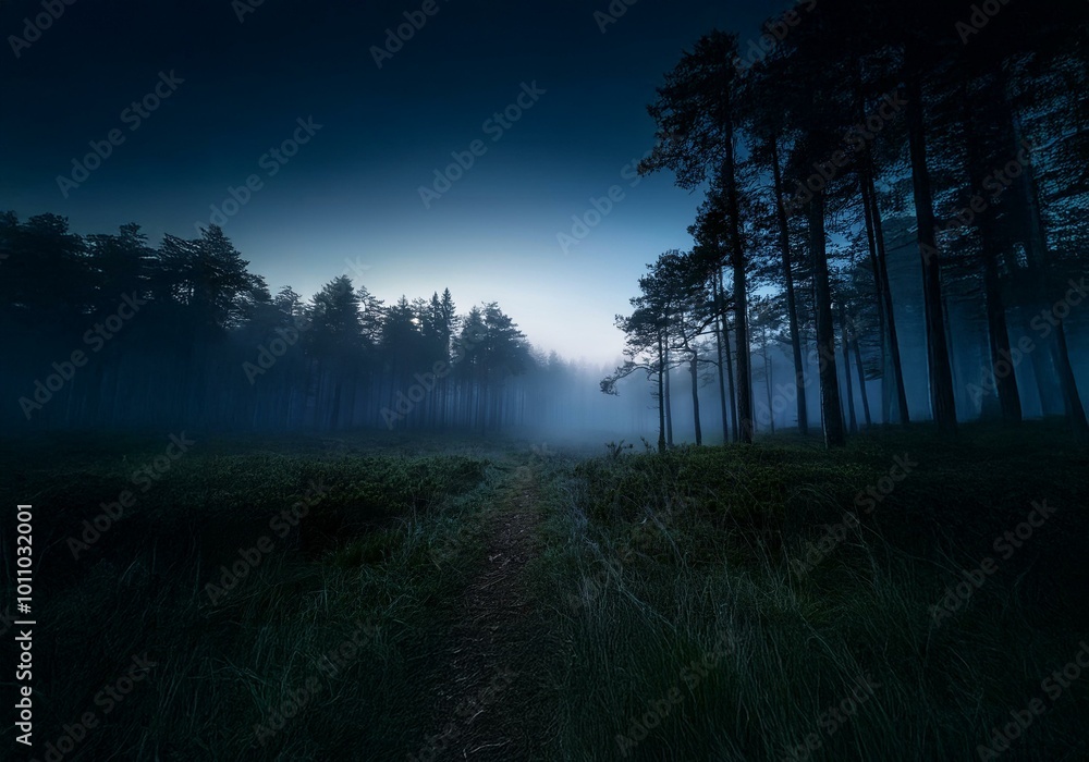 Poster a foggy forest path leads into the distance, disappearing into the dense trees. the sky is dark blue