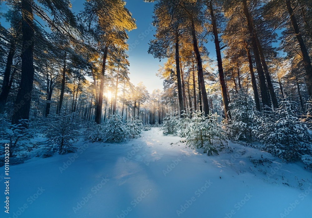Aufkleber sunbeams pierce through a dense forest of snow-covered pines, creating a magical winter scene.