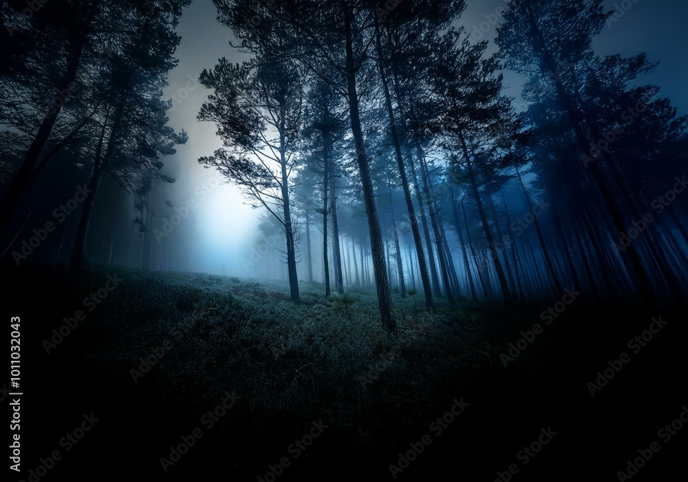 Poster silhouettes of tall trees in a dense forest, shrouded in fog, with a hint of blue light filtering th