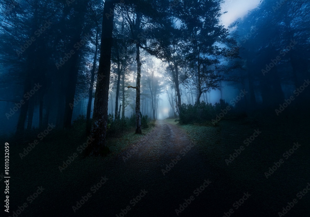 Poster a misty forest path leads through thick trees, the fog creating a sense of mystery and intrigue.