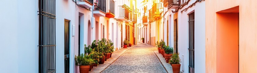 Obraz premium Charming alleyway bathed in warm sunset light, lined with potted plants and colorful walls, inviting exploration and tranquility.