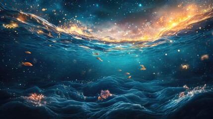 Obraz premium A cosmic ocean filled with waves of stardust and glowing marine life swimming through the sparkling waters.