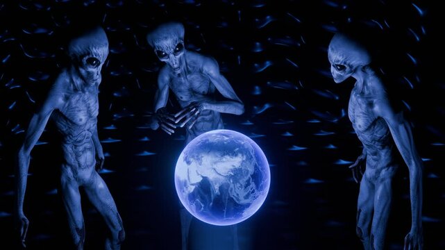 Group of three grey aliens standing behind a Hologram of Planet Earth inside their alien lair 01