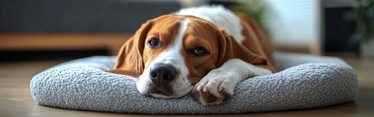 Obraz premium Peaceful Beagle Puppy Sleeping on a Cozy Dog Bed Indoors
