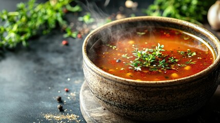 Fresh soup in a ceramic bowl, garnished with herbs and spices, steaming hot, with space around for copy.