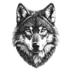 Detailed Illustration of a Wolf's Head in Black and White Showcasing Sharp Features and Intense Gaze