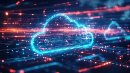 Obraz premium Futuristic cloud computing design, glowing lines and digital nodes representing data and communication.