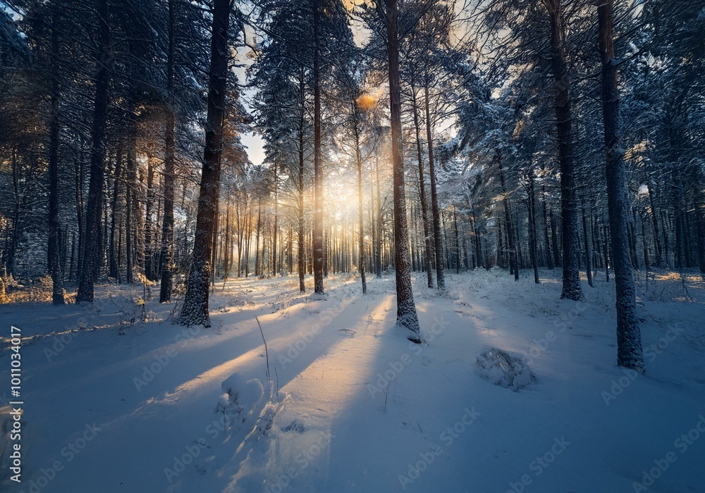 Aufkleber sunlight streams through a snow-covered forest, illuminating the path ahead.