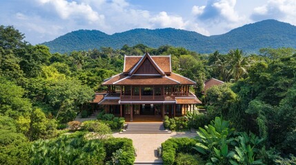 Fototapeta premium A traditional Thai temple nestled in the hills of Phang Nga, surrounded by lush vegetation and offering a glimpse into local culture.
