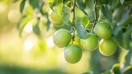 Green plum tree branch with ripe fruits in a garden, highlighting the beauty of fresh produce.