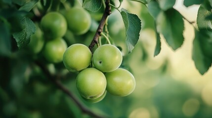 Green plum tree branch with ripe fruits in a garden, highlighting the beauty of fresh produce.