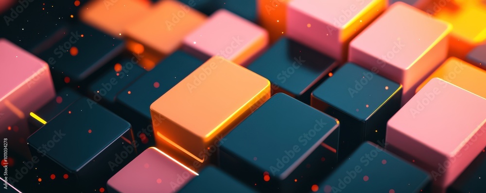 Poster colorful abstract blocks with glowing edges create a dynamic visual for technology, design, and mode