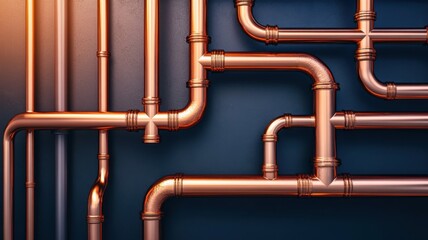 Fototapeta premium Close-up view of copper pipes with intricate connections against a dark wall, showcasing plumbing design and industrial aesthetics.