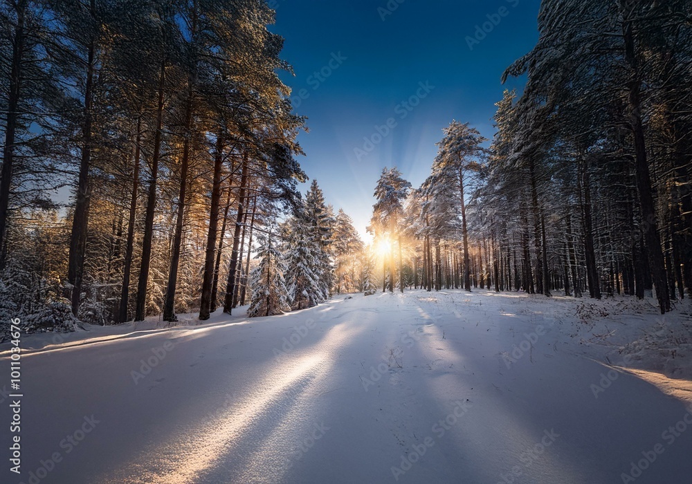Poster a snowy forest path with golden rays of sunlight streaming through the trees at sunrise.