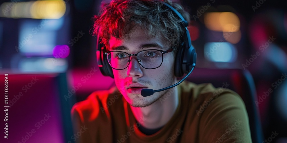 Aufkleber young man providing customer service while working at a computer with a headset, offering technical 