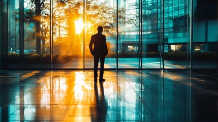 Fototapeta premium Silhouette of a businessman looking out a window of a modern office building towards sunset.