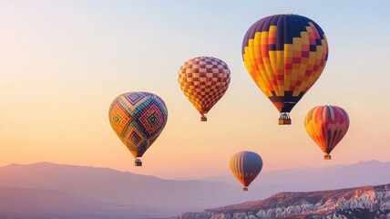 Obraz premium Colorful hot air balloons soar gracefully over a serene landscape at sunrise, offering a breathtaking aerial view.