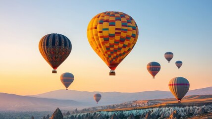Obraz premium Colorful hot air balloons soaring over a breathtaking landscape at sunrise, creating a serene and picturesque view of nature.