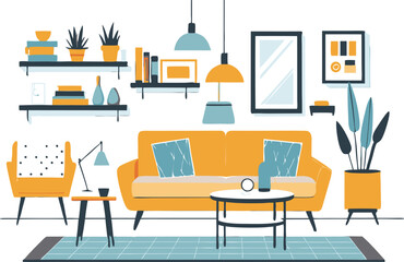 Living room illustration with sofa and furniture decoration