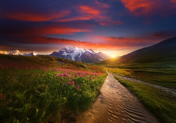 A winding path leads through a grassy meadow toward snow-capped mountains at sunset.  The sky is ablaze with orange and red hues.