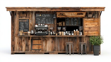 Cozy wooden cafe stall with coffee bar, chalkboard menu, and inviting seating area for a perfect casual dining experience.