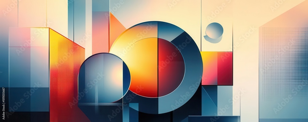 Poster abstract composition featuring geometric shapes and vibrant colors, creating a visually striking and