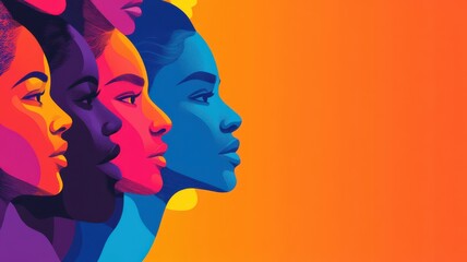 Colorful profile silhouettes of diverse women showcasing unity and empowerment in a vibrant, modern design.