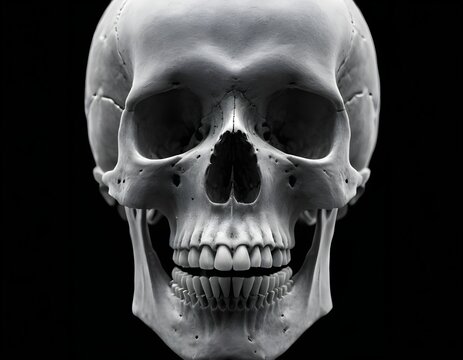 Detailed transparent view of a human skull, highlighting anatomical structures and contours. Horror