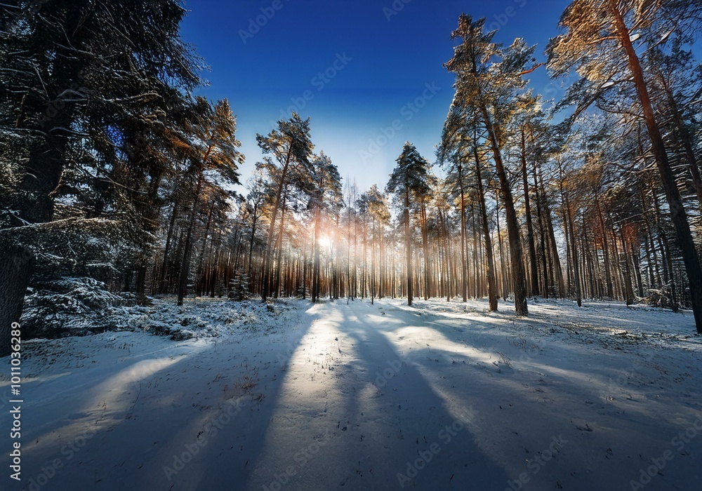 Poster sunlight streams through a snowy pine forest, casting long shadows across the white landscape.