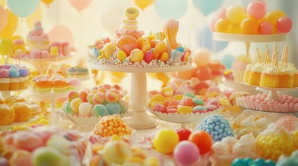 Fototapeta premium A whimsical display of colorful sweetmeats for a children party, creating a festive atmosphere filled with fun.