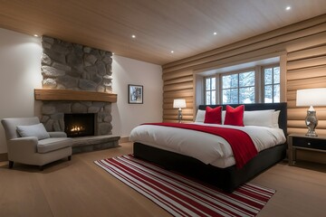 Log country cabin bedroom interior, warm cozy fireplace, red and beige furnishings, wooden log, stone walls.