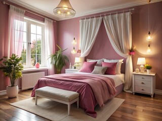 A cozy bedroom featuring a white bed frame and pink accents, complemented by bright decor, white curtains, and