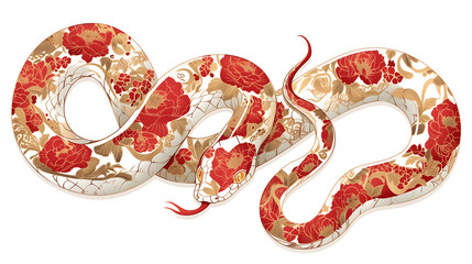Obraz premium Zodiac Snake animal - symbol sign of Chinese New Year 2025. Red snake with gold oriental pattern skin. Isolated element, clip art illustration