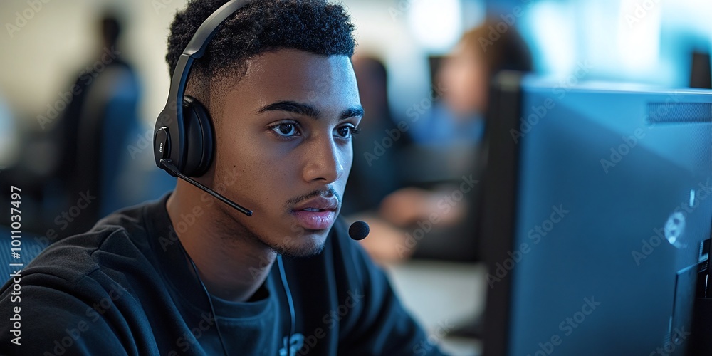 Aufkleber young man providing customer service while working at a computer with a headset, offering technical 