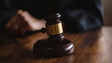 Close-up of a gavel on a wooden desk, symbolizing authority and importance of election rules, with copy space for text or design.