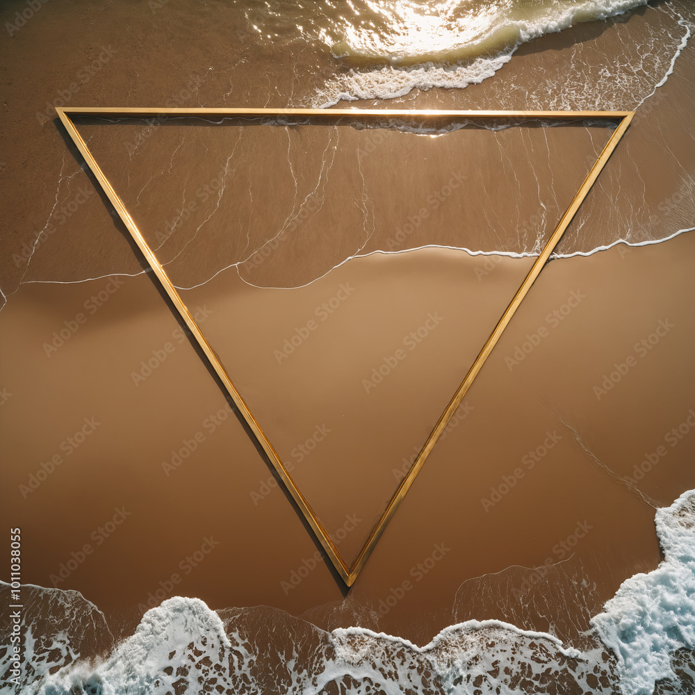 Poster mesmerizing aerial view of a beach with a golden triangle casting a shadow on the sand. the waves ge