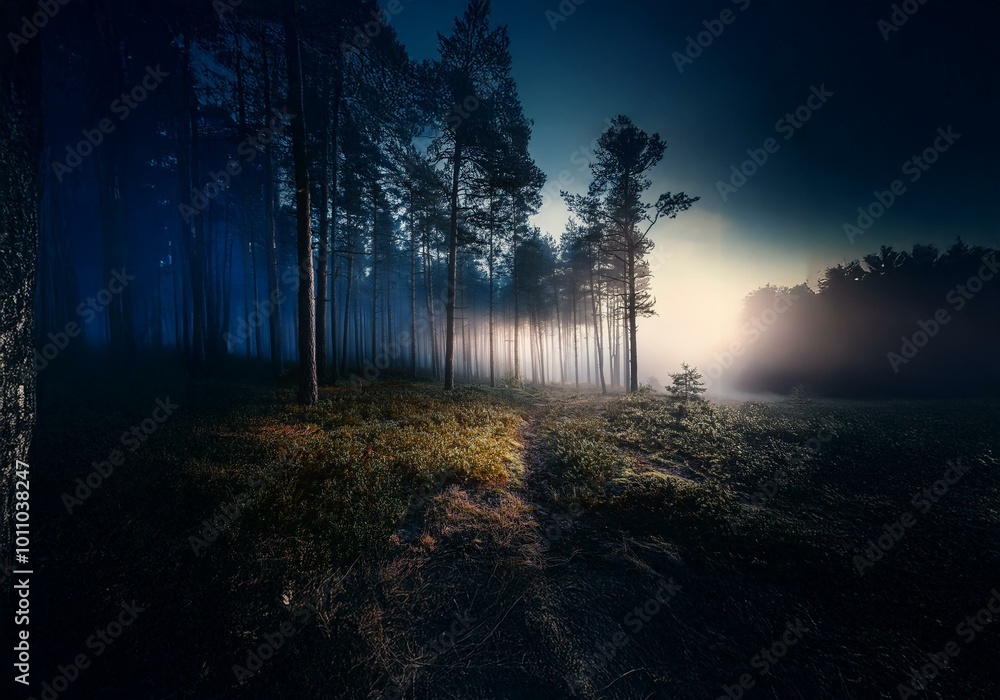 Poster a misty forest with tall pine trees, sunlight shining through the fog, and a single tree in the fore
