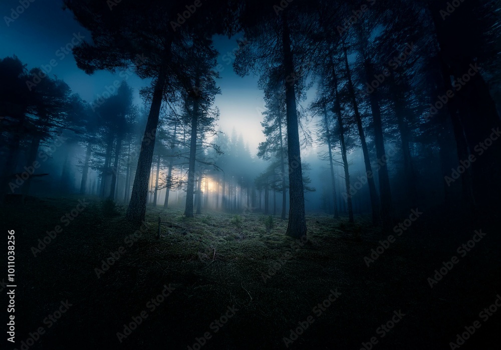 Poster a foggy forest with tall trees, the sun shines through the trees in the distance.