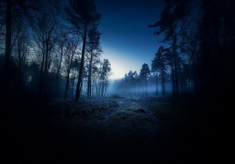 A mysterious, blue-tinged path winds through a dense forest, the air heavy with mist.
