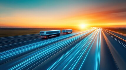 Obraz premium Dynamic scene of trucks traveling on a highway at sunset, showcasing motion and vibrant colors in a beautiful landscape.