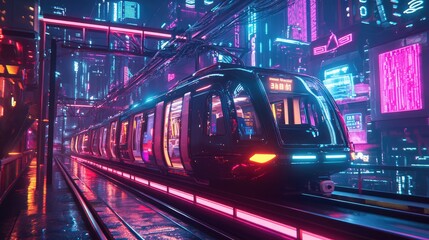 Fototapeta premium A futuristic train traveling through a neon-lit city, creating a dynamic and energetic atmosphere against a night sky.