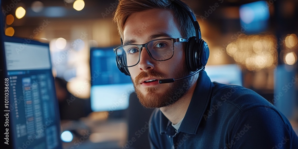 Aufkleber young man providing customer service while working at a computer with a headset, offering technical 