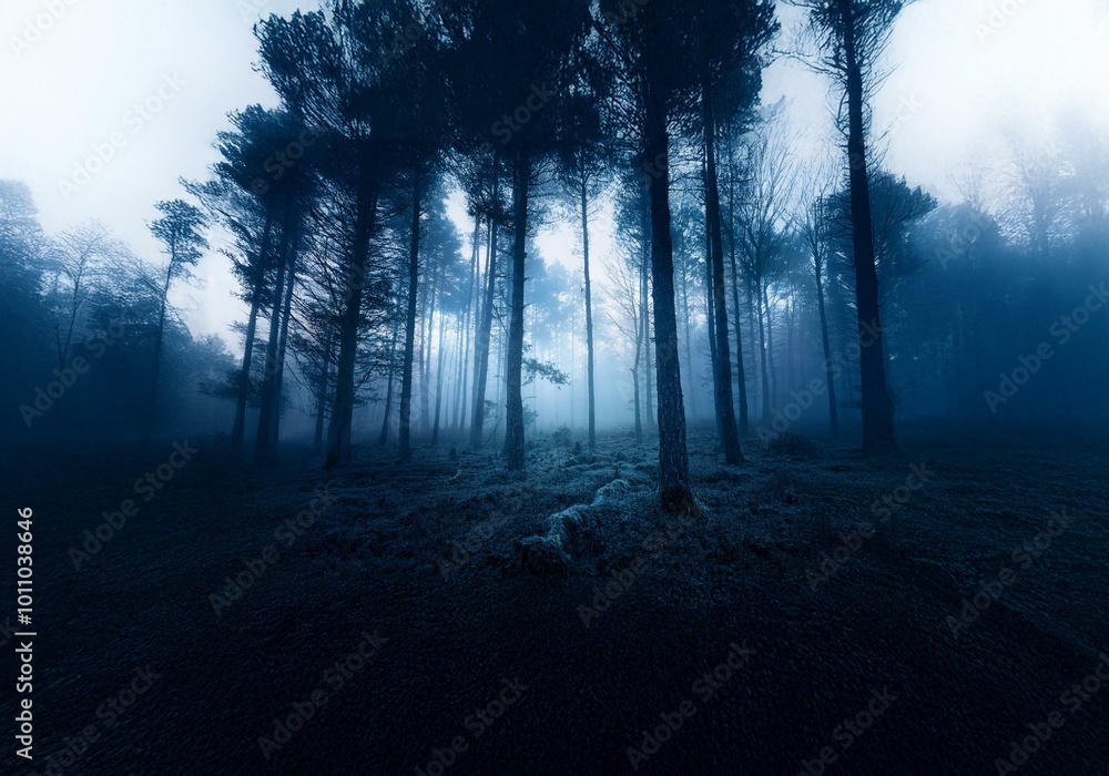 Poster a dark, foggy forest with tall trees and a shadowy, mysterious atmosphere.