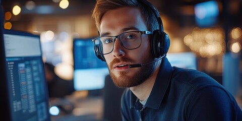 young man providing customer service while working at a computer with a headset, offering technical support and problem-solving skills to ensure a positive customer experience