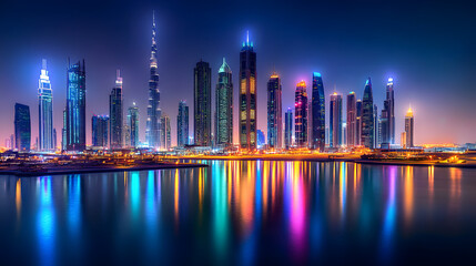 Fototapeta premium Vibrant and illuminated Dubai city skyline at night, Dubai, city, night, illuminated, lights, buildings, skyline, architecture