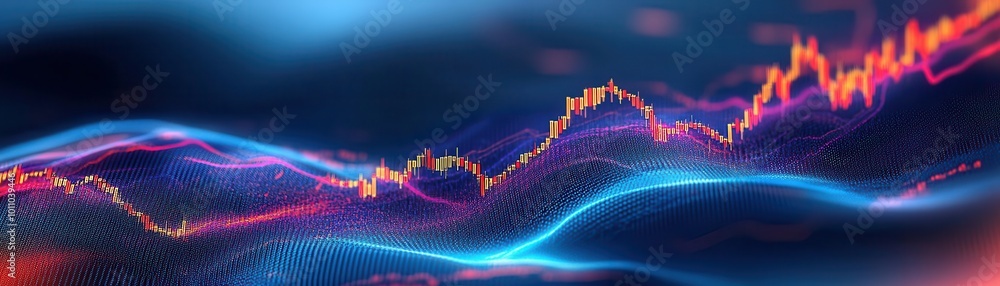 Poster abstract representation of data trends with vibrant colors illustrating dynamic movements and fluctu